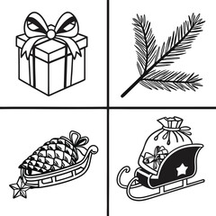 A vector set of Christmas icons, including gift boxes, trees, and snowmen, for holiday celebration design