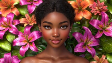 Portrait Of Woman Surrounded By Colorful Lilies