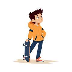 Cute boy in yellow Hoodie with Skateboard standing illustration