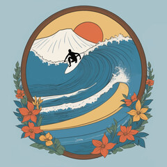 Surfer Riding a Giant Wave with Mountain and Sunset Background, Minimalist T-Shirt Design