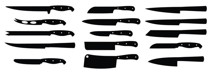 Set knives isolated white kitchen knives black silhouettes sharp cooking knife set stainless