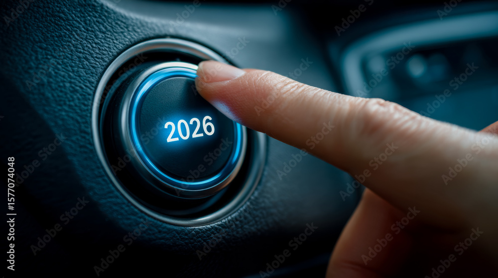Poster transitioning into the year 2026 with a digital button press