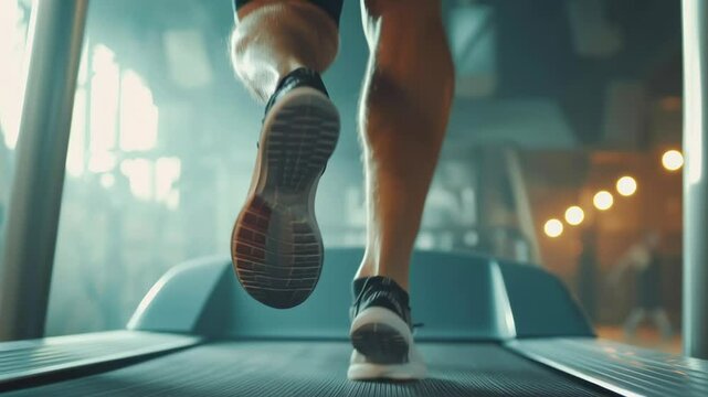 A person running on a treadmill with their legs spread apart. Concept of motion and energy, as the person's legs are in motion and their feet are off the ground