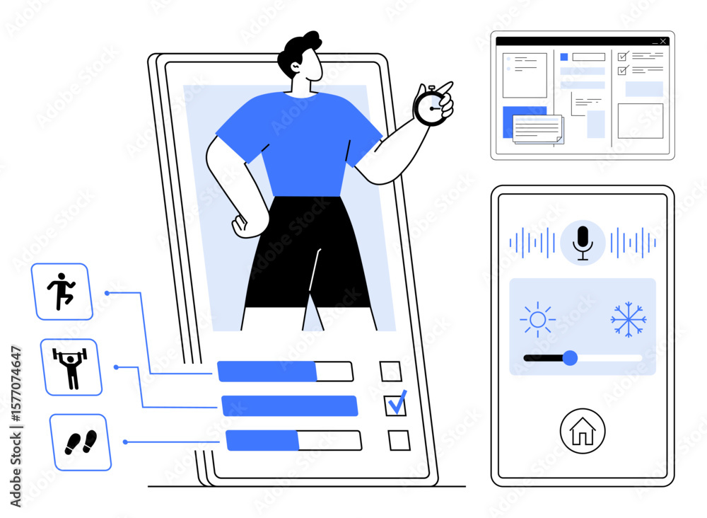 Poster fitness app with activity stats, user interface elements, voice control for smart systems. ideal for