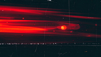Blurred red light streak combined with grainy noise, faded film marks on black. Faded retro bokeh.