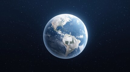 Obraz premium Earth viewed from space, showcasing vibrant blue oceans, green landmasses, and swirling white clouds against a backdrop of deep black starry sky, representing planetary beauty and wonder