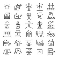 Collection of Thirty Line Art Icons Depicting Renewable and Non Renewable Energy Sources Power Generation Transmission and Consumption Sustainability and Environmental Impact