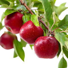 Obraz premium Ripe red apples hanging on a tree branch, fruit on a black background