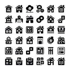 Fototapeta premium Collection of Thirty Six Black House Icons on White Background Various Styles Simple Home Symbols Real Estate Glyph Pictograms