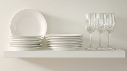White dishes and glasses on a white shelf
