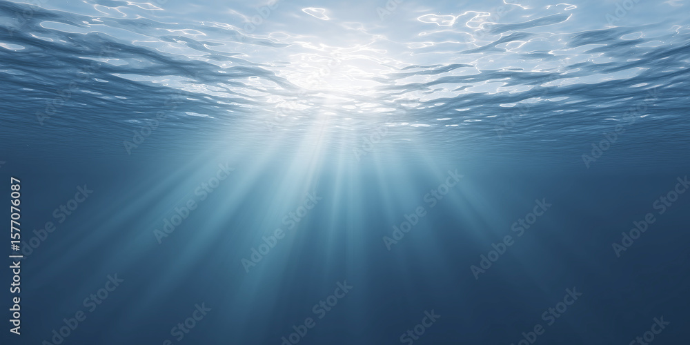 Poster underwater scene showcasing sunlight filtering through the water surface, creating a serene atmosphe