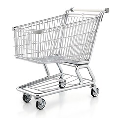 A shiny metal shopping cart isolated on a white background with a wire basket and small black wheels