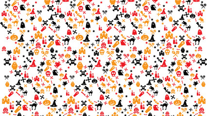 A halloween themed pattern with skulls pumpkins cats and other spooky elements scattered on white 100