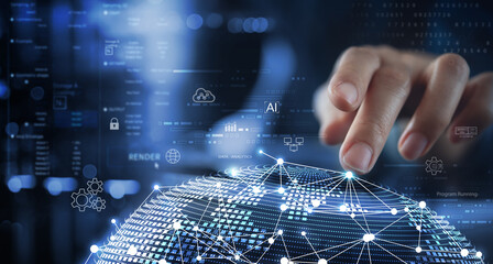 Data analytics, AI and database management technology with global internet network connection....