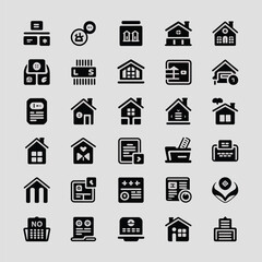Collection of Thirty Six Black Solid Glyph Icons on White Background Depicting Houses Homes Buildings Documents and Other Objects
