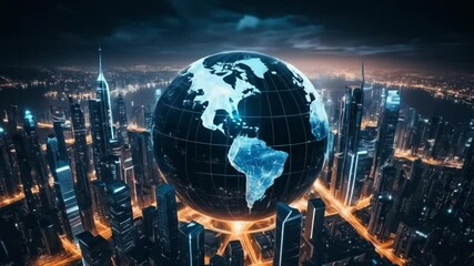 A futuristic cityscape at night under a glowing digital globe with illuminated skyscrapers, representing advanced urbanization and technological advancement through global connectivity. 4k video - Powered by Adobe