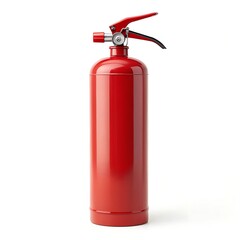 A red fire extinguisher standing upright on a white background in a studio setting with clear details