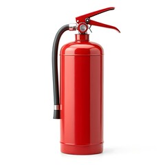 Fototapeta premium A red fire extinguisher with a black hose and a red handle on a white background in a studio shot