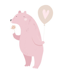 Cartoon Of Pink Bear with Balloon And Tiny Flower On A White Background. Cute Baby Shower Vector Card For Baby Girl. Nursery Art For Girls. Valentine's Day Card With Bear Holding Balloon With Heart.
