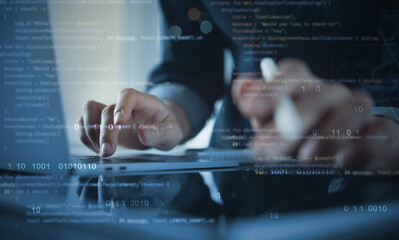 Digital technology, software development concept. Coding programmer, software developer, computer...