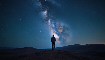 Fototapeta premium Solitary person stands on rocky outcropping gazing at night sky. Milky Way galaxy shines with distant stars, creating ethereal ambiance. Black sky with starlight, solitary figure silhouette, serene