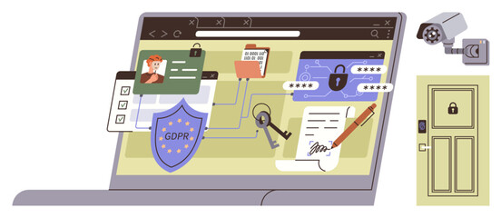 Laptop display with GDPR shield, profile card, security locks, camera, digital key, and signature document. Ideal for cybersecurity, data safety, privacy policies compliance protection