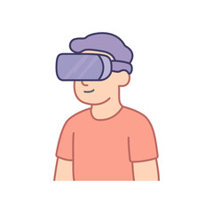 Young man exploring virtual reality using headset smiling and engaging with digital world.