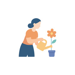 Woman watering flower in pot with watering can.