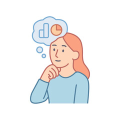 Woman in blue shirt thinking about analytics with bar and pie chart icons in thought bubble, conceptual flat vector illustration for business planning