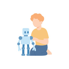 Child playing with robot, exploring robotics and artificial intelligence. Boy developing with toy robot. Curiosity about robotics and progress.