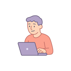 Young man working from home typing on laptop computer. Working on a laptop. Remote work icon.Freelancer working remotely using laptop, focused on his tasks