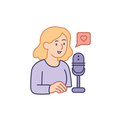 Podcaster woman speaking with microphone. Heart icon talking about love. Logo for podcast web design. Simple flat icon of a girl with a microphone.