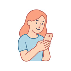 Young woman using smartphone, browsing social media and mobile apps.Remote work icon. Simple flat icon woman.