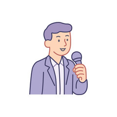 Professional speaker giving a talk using a microphone. TV presenter or podcaster with microphone. Interview in suit. Simple flat icon of man.