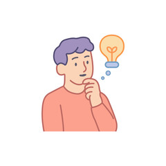 Pensive man having a bright idea generating a light bulb, innovation and inspiration striking. Interesting ideas and thoughts, a creative man with a clear mind.