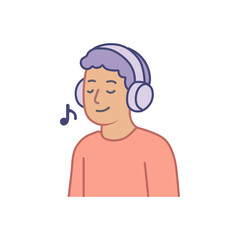 Young man listening to music with headphones and enjoying the sound.Simple flat vector illustration. Music app logo.