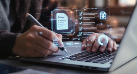 Digital Invoice Processing: Futuristic Hand Signing on Laptop with Glowing Interface.