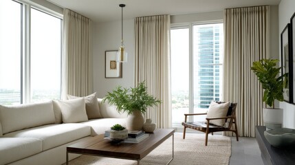 Modern living room with beige sofa wooden coffee table and floor to ceiling curtains