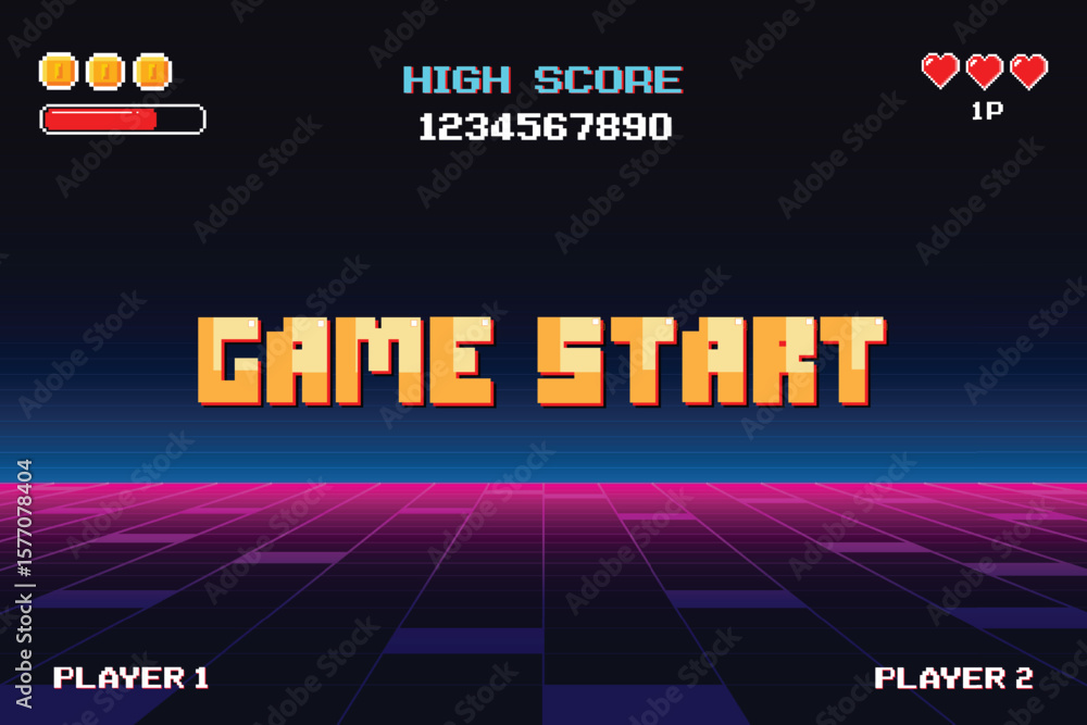 Poster game start. pixel art .8 bit game. retro game. for game assets in vector illustrations. arcade gamin