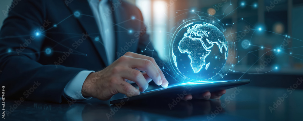 Poster man uses tablet to access global network. digital technology concept. businessman types on screen di