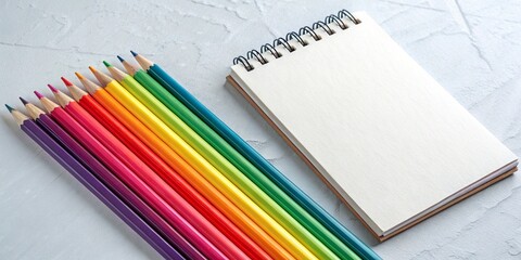 Rainbow Colored Pencils and Blank Notepad on White Textured Background