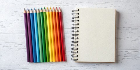 Rainbow Colored Pencils and Blank Notepad on White Textured Background