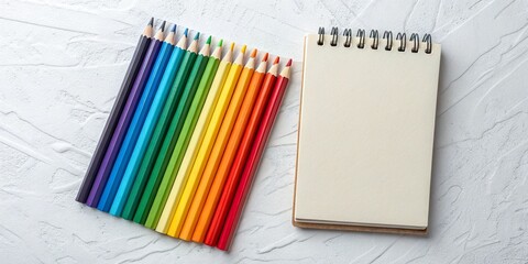 Rainbow Colored Pencils and Blank Notepad on White Textured Background