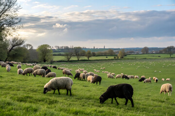 Fototapeta premium A tranquil scene of black sheep grazing in between cream flock sheep in a lush green meadow, showcasing the beauty of rural life. The flock is spread out under a soft blue sky