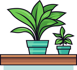 Two potted plants on a shelf, a touch of verdant serenity.
