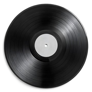 A top down view of a black vinyl record with a white label in the center on a white background