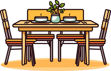Dining Table with Chairs, Plates and Plant Pot Illustration