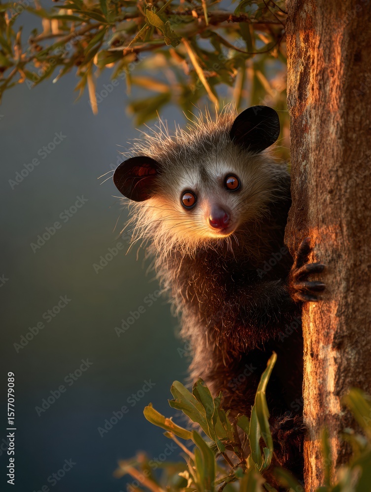 Poster aye-aye explores a tree at dusk with a soft focus background and space on the left