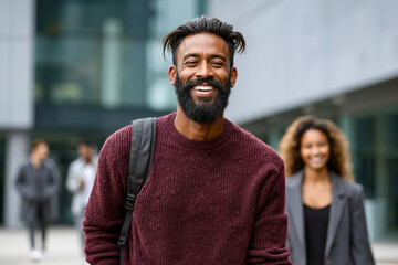 A man with a beard smiles at the camera while walking down a sidewalk