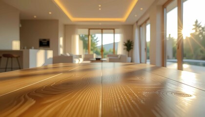 A modern wood desk with a clean surface sits in a bright office. The tabletop reflects soft natural light from a nearby window, with a slightly blurred background and subtle decor touches